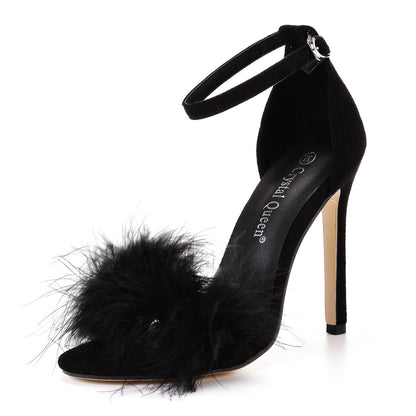 Flauschige Peep Toe Stilettos mit Fellfeder